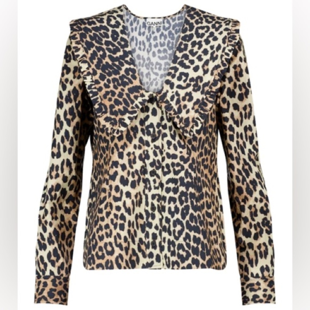 Ganni Ruffle-collar Leopard Print Cotton Poplin Blouse